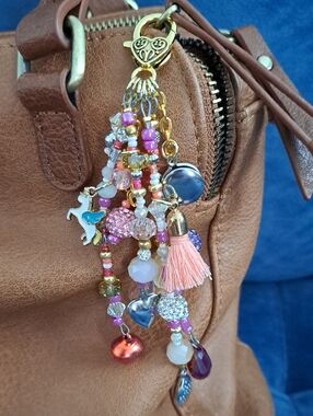 HANDCRAFTED PURSE/BAG CHARM One Of A Kind Beaded Charm In Pinks/Salmons, 5.75"